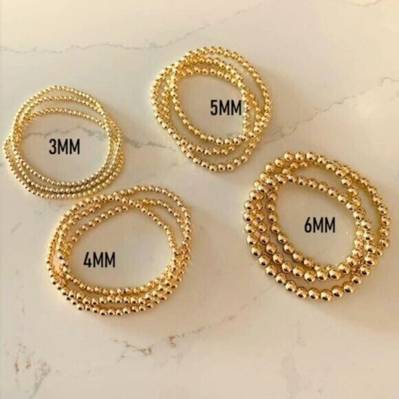 Waterproof Gold Bead Bracelets Set of 2 Stretch Stackable You Pick Sizes Jewelry - Picture 2 of 16